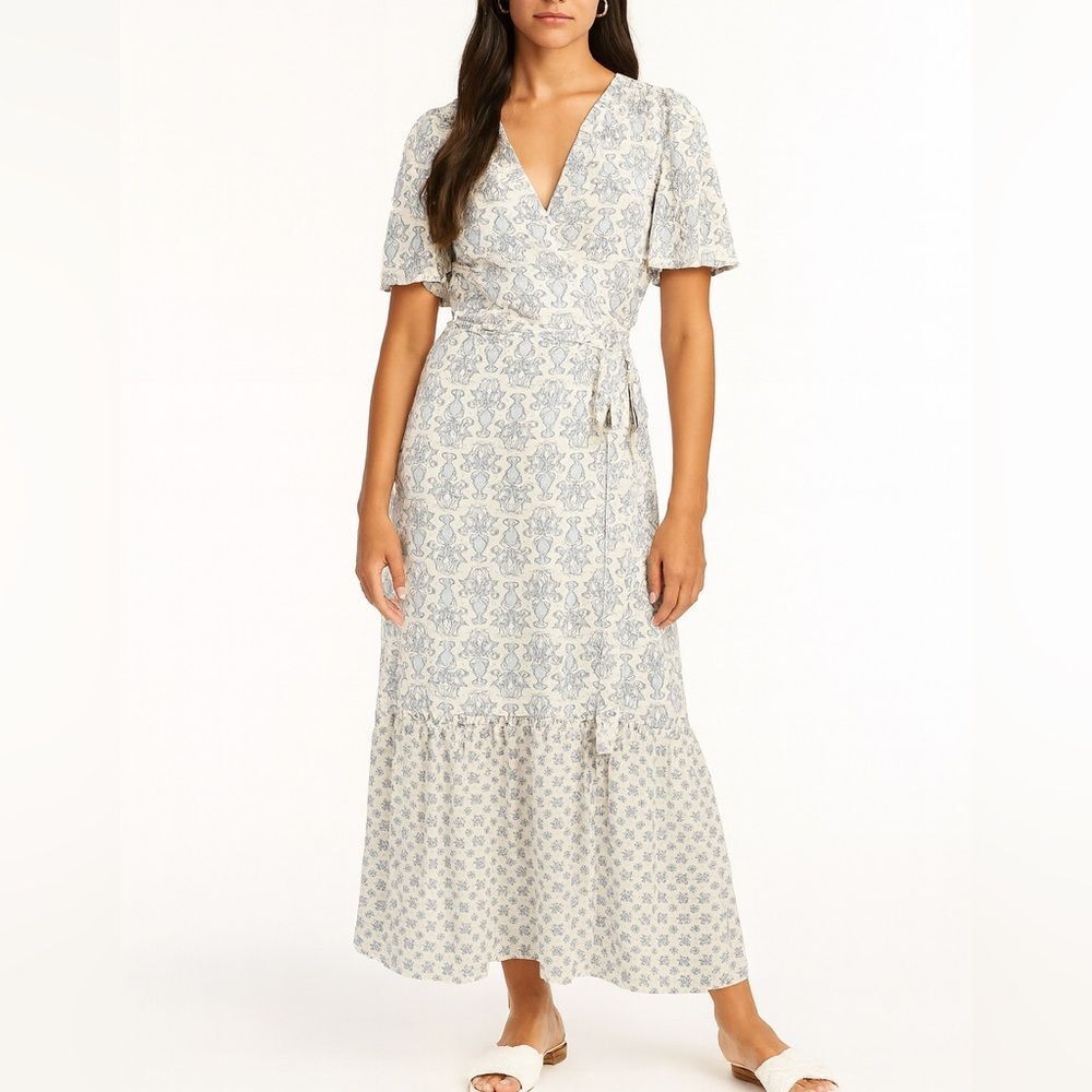 Magari Italy Blue Toile Linen Maxi Dress Flutter Sleeve Tiered Hem L